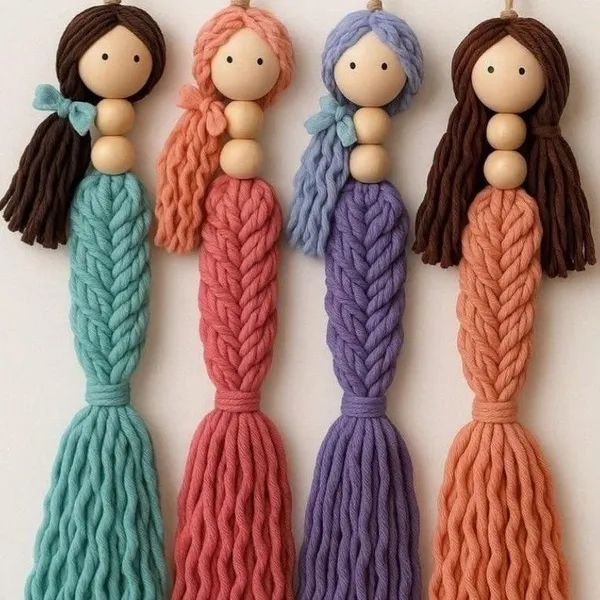 Four macramé tassel dolls