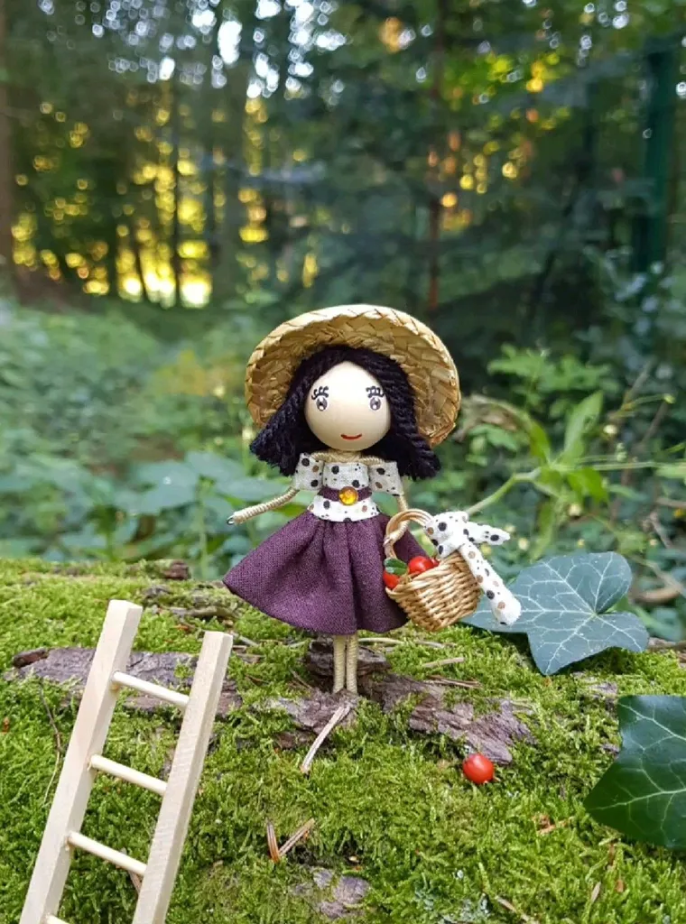 Doll with a straw hat and basket on forest moss